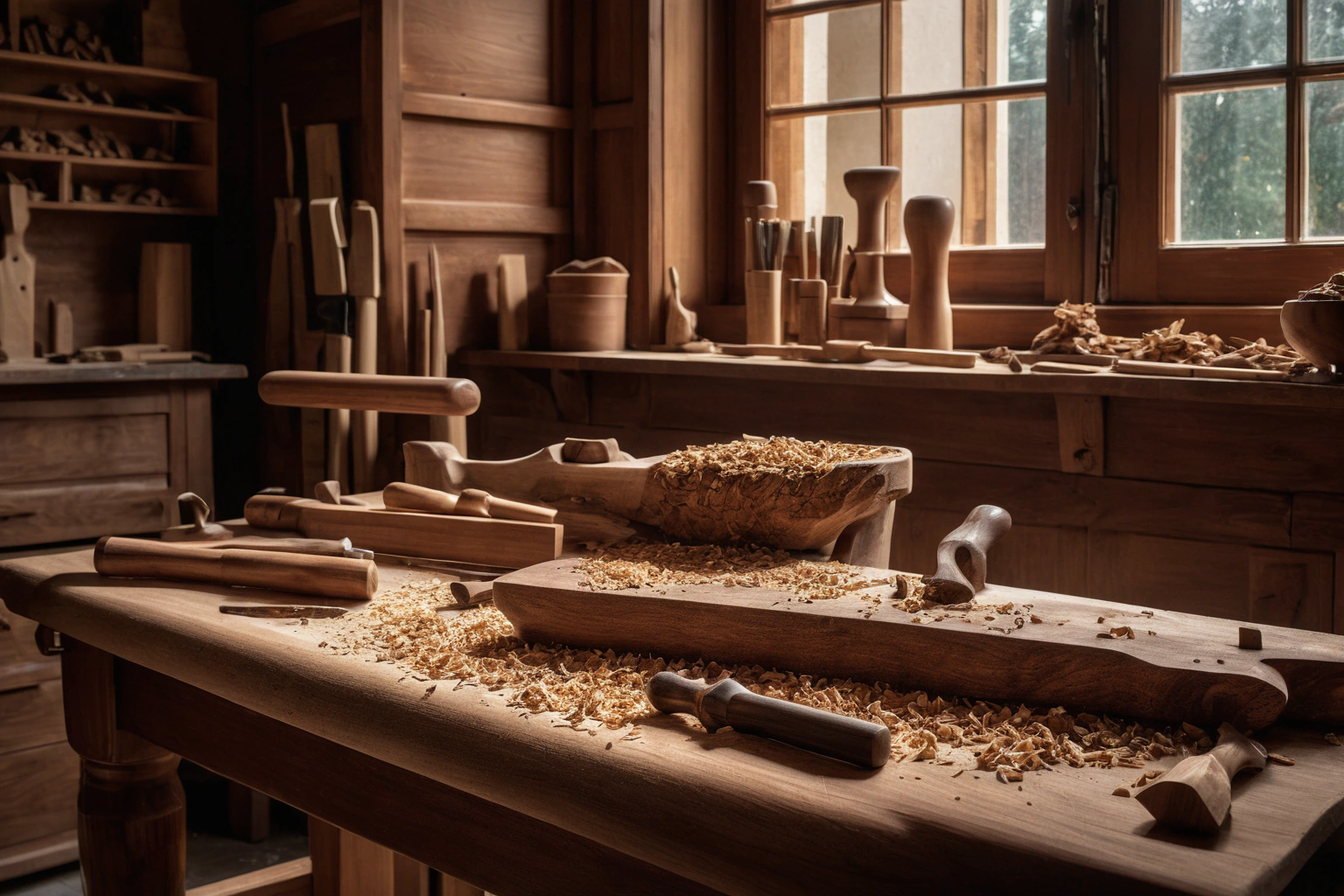 Brianza woodworking workshop with carving benches