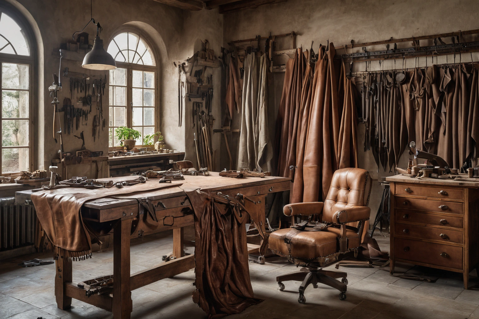 Upholsterer stretching leather in an Italian atelier